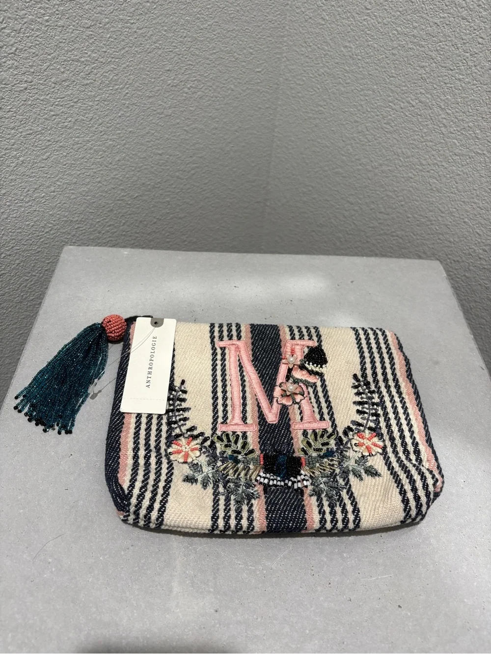 Anthropologie Striped Embroidered Clutch in Cream, Pink & Navy